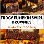 Fudgy pumpkin cream cheese swirl brownies with rich layers of brownie and pumpkin cheesecake filling.